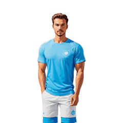 Light blue cotton T-shirts, with a modern design featuring a small white logo on the chest. The sleeves are short and the cut of the shorts is flat, with smooth edges for added comfort. Suitable for everyday wear and gives a comfortable and stylish look. sticker on T-Shirt