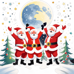  A cheerful cartoon-style illustration of three joyful Santa Clauses standing together under a bright full moon in a starry night sky. Each Santa is wearing a classic red suit with white fur trim, black boots, and a belt, all smiling and raising their arms in celebration toward the moon. The background features a glowing moon with soft light reflections and scattered stars, creating a magical festive atmosphere. The composition is vibrant and centered. sticker on T-Shirt