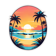 I need a retro, surfer-inspired graphic that feels right at home on a laid-back, sunny shoreline. Picture a cluster of sleek surfboards resting in the sand, silhouetted palm trees swaying behind them, and a serene beach sunset tying everything together --The artwork must appeal to a unisex audience, so keep the vibe balanced: playful but not overly masculine or feminine.  I’ll be printing on various shirt colors, so please build the design with a transparent background and make sure the palette maintains its clarity on both light and darker fabrics. Soft fades and subtle gradients are fine, provided they translate cleanly in screen printing and DTG sticker on T-Shirt