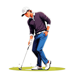 A golf player of a posture hitting the ball from the ground ,must wear a hat ,trousers, long sleeves sweater  and a a fashion necklace.in his neck .make it 4 colours.  sticker on T-Shirt