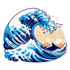 A blue cool surfing board floating on The Great Wave off Kanagawa sticker on T-Shirt