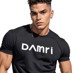 Black t-shirt with the amiri brand in white, with the name DAVID in small print. sticker on T-Shirt