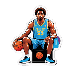 Basketball player sit on bench, ball at feet. With quote of "Tired of sitting on bench" sticker on T-Shirt