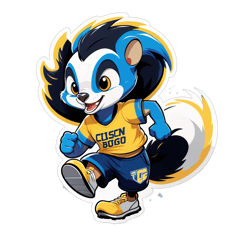 **Front of the T-Shirt:** *Illustration: A playful, cartoon-style skunk with a cheeky expression dashing down a running track, with a vibrant blue and gold color scheme that reflects UC San Diego's school colors.* **Text Above the Illustration:** “Skunkin’ It!” **Text Below the Illustration:** “UCSD Track Team”' sticker on T-Shirt