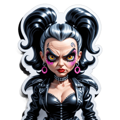 On a black background, an elegant old psycho biker dressed as a hooker with big eyelashes and a gaze straight ahead expression seductive, her hair has two pigtails, no hands, photo, 3d render, illustration, fashion, conceptual art, cinematic, typography, grey  hair, black and white sticker on T-Shirt