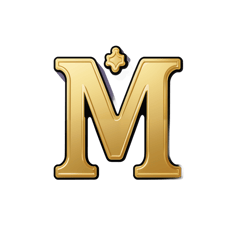 A golden letter M in matura font on top of a little shop sticker on T-Shirt