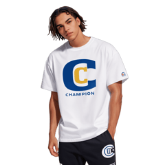 mens cropped box heavy weight white t shirt. center big logo "Champagane" and write the logo in the font of Champion with the big C. sticker on T-Shirt