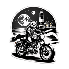 draw a panda welding parts of a cafe racer motorbike on a beach with a lighthouse and full moon in the background in black and white retro style sticker on T-Shirt