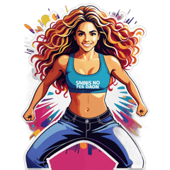 actua como diseñador y crea una imagen de una camiseta con Una imagen vibrante de Shakira en su icónica pose de danza en la parte del frente y atras La frase "Las mujeres ya no lloran las mujeres facturan" en una fuente dinámica que capture el movimiento. sticker on T-Shirt