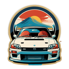 Create a back-side t-shirt graphic design inspired by vintage automotive posters. Use a minimalist cream/beige t-shirt mockup. At the top, place a bold and elegant brand name (e.g., “NISSAN” or “JDM LEGEND”) in a clean, uppercase font. Below that, add a stylized script of a car-related term like “Skyline” or “Turbocharged” in a dynamic, cursive font.  Center a high-quality side-profile image of an iconic car (e.g., Nissan GT-R R34, Toyota Supra MK4, or Mazda RX-7). Beneath the car, include a short paragraph describing the car’s specs or cultural significance in a vintage-styled serif font.  Under the paragraph, include three rectangular photo snippets showing close-up details — e.g., steering wheel, engine, taillight, wheel — each with subtle borders. Keep all visuals aligned and balanced. Use a grayscale or slightly desaturated color theme to match the vintage aesthetic. sticker on T-Shirt