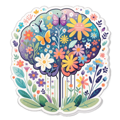 An artistic illustration of a human brain where one half is a lush colorful wildflower garden with butterflies, and the other half is clean geometric lines. Soft pastel colors, fine art style, hand-drawn aesthetic, whimsical and meaningful, isolated on white. sticker on T-Shirt