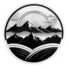 Minimalist line art design of a mountain landscape with sunset, clean lines, simple shapes, black and white, elegant and modern, centered on t-shirt, vector, high resolution, transparent background sticker on T-Shirt