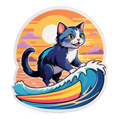 a cat surfing a wave at sunset sticker on T-Shirt