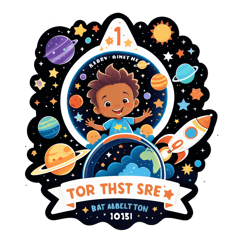 Cartoon-style family shirt design with a cute galaxy theme for a 1st birthday. Illustration includes a smiling sun, planets, stars, and a small rocket ship. The text should say: Baby Reid’s 1st Trip Around The Sun. Make it colorful, playful, and kid-friendly, with a soft cartoon aesthetic that looks perfect for family shirts. Emphasize a magical space adventure feeling suitable for a child’s first birthday celebration. Do not place on a shirt.  sticker on T-Shirt