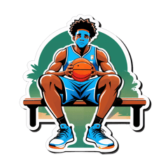 Basketball player sit on park bench, ball at feet. With quote of "Tired of sitting on bench" sticker on T-Shirt