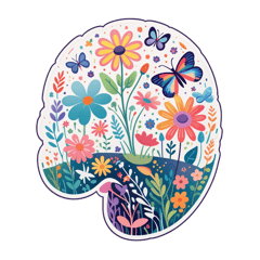 An artistic illustration of a human brain where one half is a lush colorful wildflower garden with butterflies, and the other half is clean geometric lines. Soft pastel colors, fine art style, hand-drawn aesthetic, whimsical and meaningful, isolated on white. sticker on T-Shirt