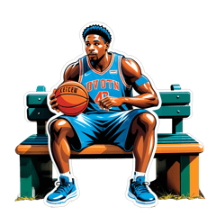 Basketball player sit on park bench, ball at feet with the quote "Tired of sitting on the bench" sticker on T-Shirt