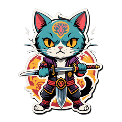old school tattoo style cat with a anime sword sticker on T-Shirt