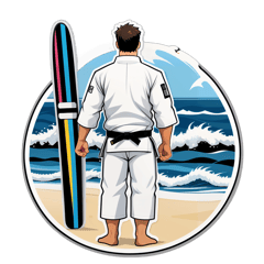 An image of a judoka in a white suit and black belt, standing from behind, at the seaside watching the waves and holding a longboard with the vertical stripes of judo belts. sticker on T-Shirt