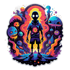 A surreal and psychedelic illustration featuring a determined character standing at the edge of a dark abyss. The character is surrounded by strange and distorted shapes, representing the challenges they face. The scene radiates an intense and thought-provoking energy, with the character's expression showing steadfastness through difficulties. The design is perfect for a t-shirt aimed at inspiring individuals to face their own challenges and obstacles with res sticker on T-Shirt