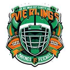 Create a design illustration with the text "WE ALMOST ALWAYS ALMOST WIN VIKINGS FOOTBALL" in a bold, stylized font. The text is in shades of orange and green against a dark green background, evoking the colors and theme of a Vikings football team. sticker on T-Shirt