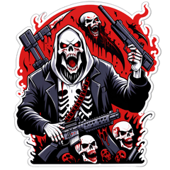 Scary Text hateful angry lots of lighting bolts skulls reaper type theme intense header reads  which reads death to the whites gothic text style 90s low quality style reaper scary ramming ar15 gun into white mans mouth lots of blood coming out of man’s mouth and stomach blood all over  sticker on T-Shirt