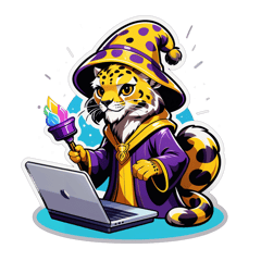 Cheetah-like wizard, Information Technology, AI, using the laptop sticker on T-Shirt