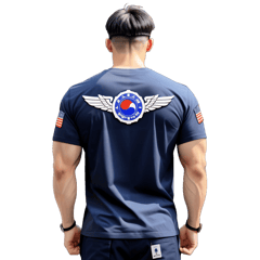 dark navy blue t-shirt for the Korean Army Equipment Maintenance Squad, back view features a large, modern emblem with a stylized wrench and gear in reflective silver, subtle Air Force wings integrated into the emblem, above the emblem bold white all-caps sans-serif text “Equipment Maintenance Squad” centered, minimalist and high contrast design, front left chest has a small, discreet “First & Best” logo, right shoulder displays a small Korean flag patch, clean and professional style, show both front and back views, t-shirt  sticker on T-Shirt