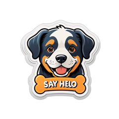 create a dog illustration, on the illustration written " say hello", set on white background. sticker on T-Shirt