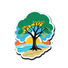 Crea una imagen para una camiseta sublimada para la 4 Marathon Abene, Senegal con los colores de la bandera y el arbol baobao con grandes raices entrelazadas, corredores y corredoras con camiseta azul que se lea ASPERPOL ONGD dentro de sus camisetas, playa y cayucos coloridos tipicos de senegal, y corran por un camino de tierra sticker on T-Shirt