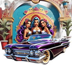 "A vibrant, highly detailed  artwork featuring  a classic candy black paint with purple pinstrip, mirror-polished chrome lowrider 1960 chevrolet impala Convertible  with gold wire wheels, tilted on hydraulics, in the foreground.  Behind the car, a majestic depiction of 2 beautyful girls in bikini with a golden halo .   Two stylised guns on either side of her, surrounded by red roses.   Two white doves flying on either side.  On the right side, ornate Chicano-style gothic lettering spelling "El Cast's Custom" in gold and cream tones with elaborate flourishes.     Rich Chicano cultural aesthetic,  warm reds, golds, teals, and creams, textured brick wall background with decorative Aztec geometric patterns along the bottom border.   Photorealistic mural painting style, cinematic lighting, ultra-detailed."  sticker on T-Shirt