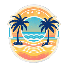 "Create a vector design for a summer-themed t-shirt. The shirt is cream-colored, crew neck, regular fit, with ribbed cuffs and neckline (3 cm wide). The sleeves end at the elbows. The design should feature a central summer theme illustration or typography with pastel and vibrant colors, including motifs like beaches, sun, waves, and palm trees in a fun and modern style." sticker on T-Shirt