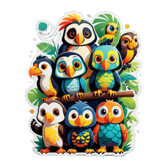 totem, funny animals such as a toucan, turtle, puppy and owl climb sticker on T-Shirt