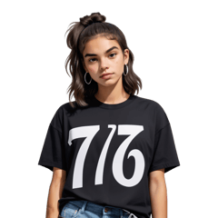 a young woman wearing an oversized black T-shirt that reads “ 7 SINS”  in white letters  sticker on T-Shirt