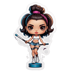 necesito que diseñes una imagen de una chica, con especto de muñeca funko, morena de cabello y blanca de piel, con tatuajes, que este haciendo una pose de pole dance agarrada a una barra de halterofilia sticker on T-Shirt