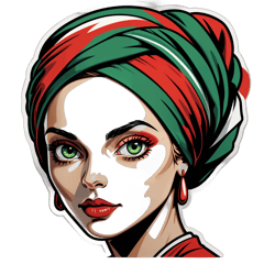 A stylized t-shirt design featuring a woman with a turban. Her green eyes are clearly visible and expressive. The overall color palette is dominated by red, black, white, and sand tones. Clean, bold lines and high contrast, suitable for screen printing. Minimalist or graphic style, with a focus on facial features and the texture of the turban. No background. High-resolution design, centered composition. sticker on T-Shirt