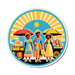Vintage sunshine festival with street vendors  sticker on T-Shirt