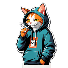 an urban Cat, wearing a hoody and smoking a cigarette and is leanig onto a wall sticker on T-Shirt