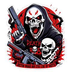 Scary Text hateful angry lots of lighting bolts skulls reaper type theme intense header reads  which reads death to the whites gothic text style 90s low quality style reaper scary ramming ar15 gun into white mans mouth lots of blood coming out of man’s mouth and stomach blood all over  sticker on T-Shirt