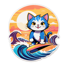 a cat surfing a wave at sunset sticker on T-Shirt