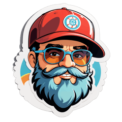 male cartoon with vintage sunglasses wearing baseball cap with a beard sticker on T-Shirt