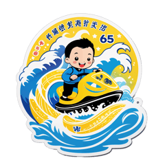 "Riding the Waves" with the emblem of the 65th anniversary of Er Yi Jiu Primary School in Anshan, Liaoning Province, and the words "Class 3-8". Incorporate Jan Tengnagel's digital art style, keeping the design clean, simple, and in a professional design vector. Use a vibrant yellow color for the design. sticker on T-Shirt