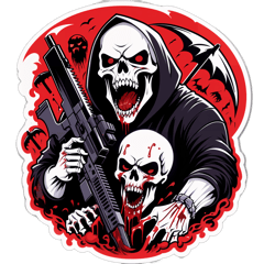 Scary Text hateful angry lots of lighting bolts skulls reaper type theme intense header reads  which reads death to the whites gothic text style 90s low quality style reaper scary ramming ar15 gun into white mans mouth lots of blood coming out of man’s mouth and stomach blood all over  sticker on T-Shirt