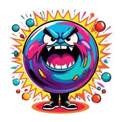 angry bowling ball ranting at a psychiatrist, angry, high energy, colorful, psychedelic, funny, cartoon sticker on T-Shirt