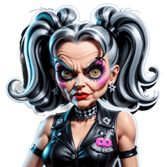 On a black background, an elegant old psycho biker dressed as a hooker with big eyelashes and a gaze straight ahead expression seductive, her hair has two pigtails, no hands, photo, 3d render, illustration, fashion, conceptual art, cinematic, typography, grey  hair, black and white sticker on T-Shirt