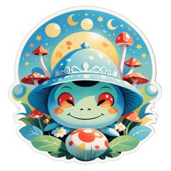 Central Imagery:  A serene, feminine sun face with eyes closed and a peaceful expression.  The sun is flanked by two crescent moons on either side, painted in shades of soft blue.  Sitting atop the sun is a frog, perched comfortably on a green hat. The hat looks like a whimsical top hat.  Behind the frog is a large red and white mushroom, and around it are multiple smaller mushrooms in pastel hues, adding a dreamy, fantasy-like atmosphere. sticker on T-Shirt