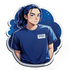Midnight blue tshirt with white print accross the shoulders that says sticker on T-Shirt
