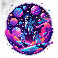 "A vibrant cosmic scene with astronauts floating in space, surrounded by glowing nebulae, planets, and shooting stars. A mix of deep blues, purples, and neon pinks with futuristic, retro-wave aesthetics, designed for a t-shirt." sticker on T-Shirt