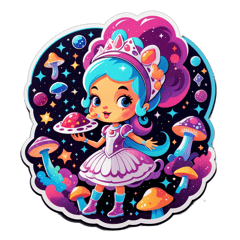 A cosmic galactic princess eating mushrooms in space  sticker on T-Shirt