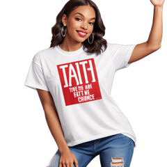 give me a shirt that says Faith over Fear but the T in "Faith" is a cross and put "JEZEBEL DON'T EVEN STAND A CHANCE" on the back stretched down to the bottom of the shirt with the shirt being white and the letters  being red sticker on T-Shirt